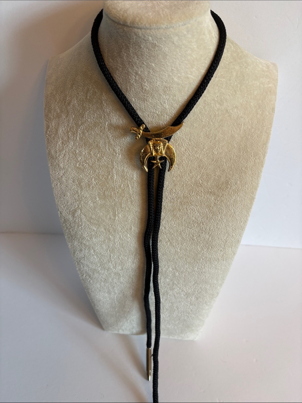 Shriners Masonic Bolo Tie Gold Tone Crescent Sword Fez Black Cord
